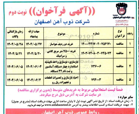 فراخوان مناقصه خرید دو ردیف هواساز...- نوبت دوم