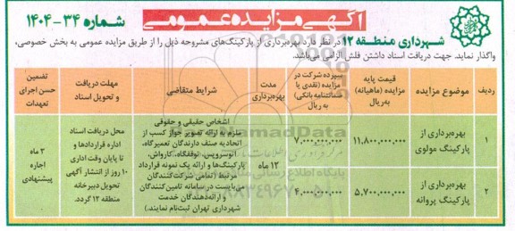 مزایده بهره برداری از پارکینگ