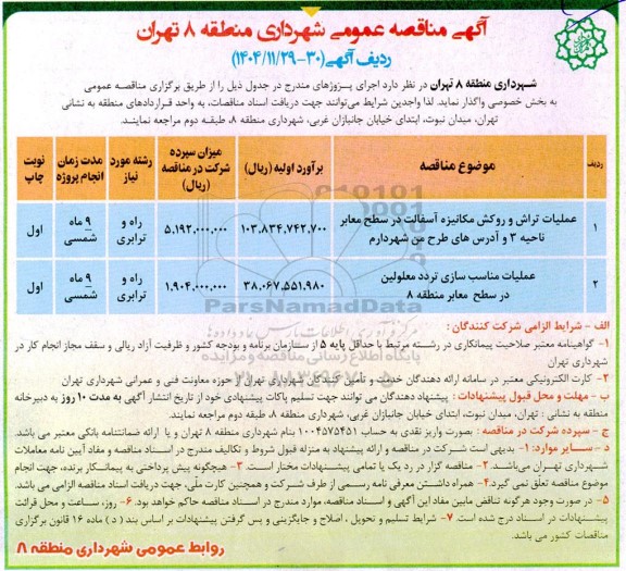 مناقصه عملیات تراش و روکش مکانیزه آسفالت ...