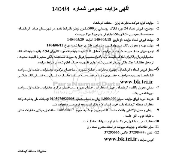 مزایده فروش تعداد 24 مورد املاک روستایی 