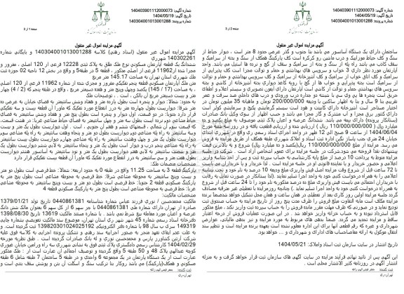 مزایده یک قطعه آپارتمان مسکونی به پلاک ثبتی 12228 فرعی از 120 اصلی 