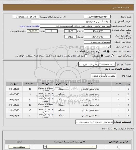 استعلام شانه های بافندگی طبق لیست پیوست