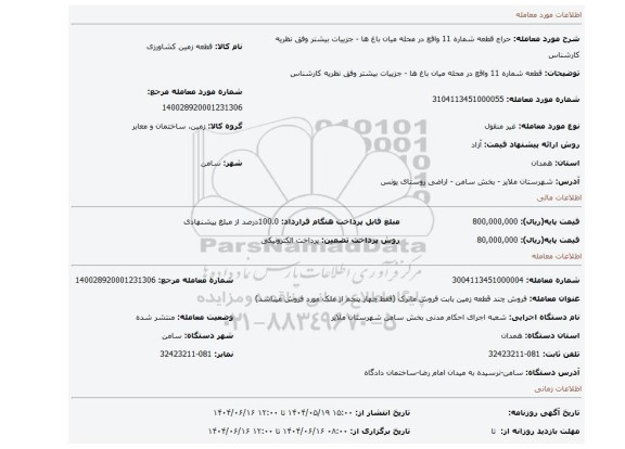 مزایده، قطعه شماره 11  واقع در محله میان باغ ها - جزییات بیشتر وفق نظریه کارشناس