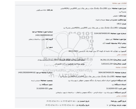 مزایده، 1/851دانگ از6دانگ مازاد بر رهن پلاک ثبتی 545فرعی از4634اصلی بخش4 یزد