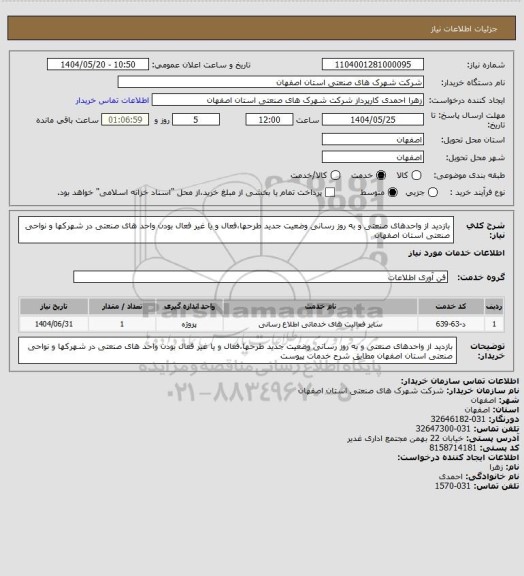 استعلام بازدید  از واحدهای صنعتی و به روز رسانی وضعیت جدید طرحها،فعال و یا غیر فعال بودن واحد های صنعتی در شهرکها و نواحی صنعتی استان اصفهان
