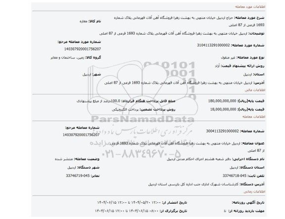 مزایده،  اردبیل خیابان منتهی به بهشت زهرا فروشگاه آهن آلات قهرمانی پلاک شماره 1693 فرعی از 87 اصلی