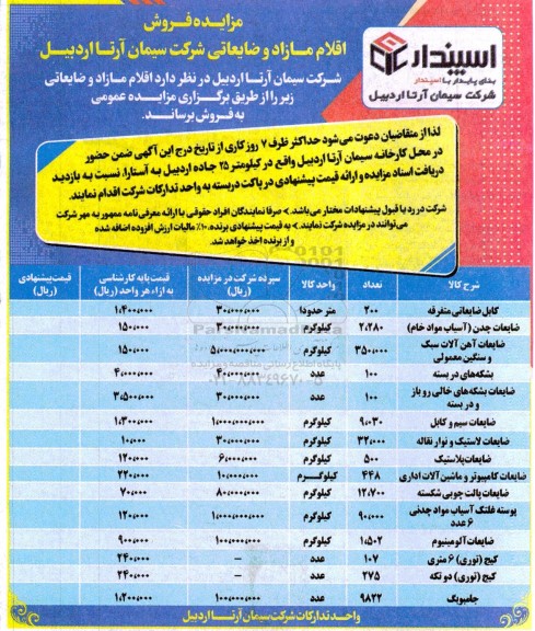 مزایده فروش اقلام مازاد و ضایعاتی شامل کابل ضایعاتی متفرقه و ...