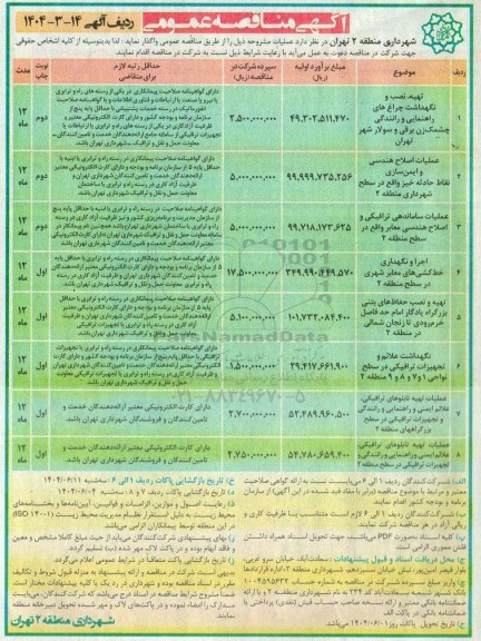 مناقصه تهیه نصب و نگهداشت چراغ های راهنمایی و رانندگی چشمک زن برقی....