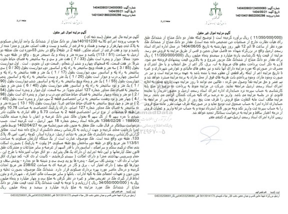 مزایده فروش مقدار دو دانگ مشاع از ششدانگ یک واحد آپارتمان مسکونی