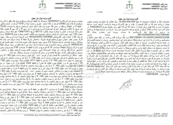 مزایده فروش ششدانگ یک قطعه آپارتمان مسکونی با پلاک ثبتی 23582 فرعی از 32 اصلی