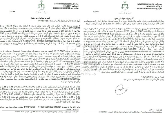 مزایده فروش ششدانگ اعیان پلاک ثبتی 9382 فرعی از 233 اصلی 