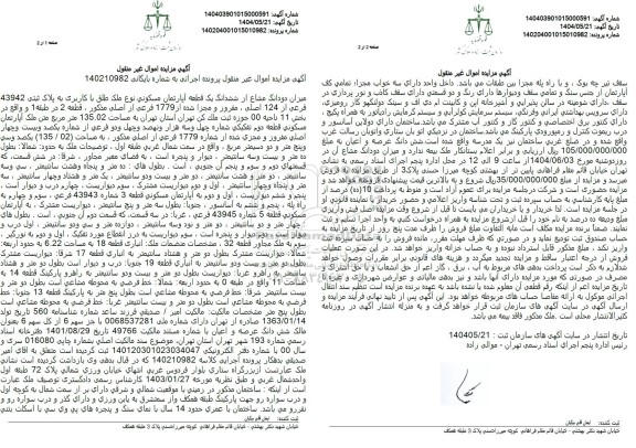 مزایده دو دانگ مشاع از ششدانگ یک قطعه آپارتمان مسکونی 