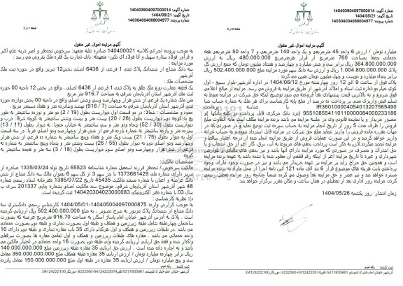 مزایده ششدانگ پلاک ثبتی 1 فرعی از 6436 اصلی 