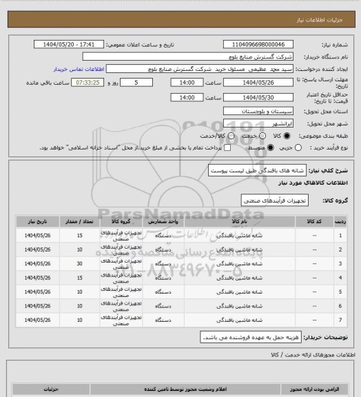 استعلام شانه های بافندگی طبق لیست پیوست، سامانه تدارکات الکترونیکی دولت