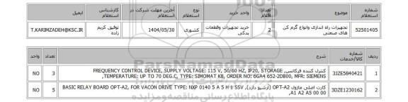 استعلام تجهیزات راه اندازی وانواع گرم کن های صنعتی