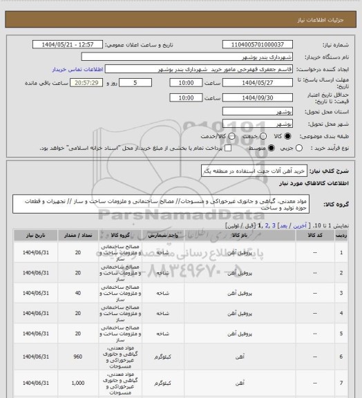 استعلام خرید آهن آلات جهت استفاده در منطقه یک