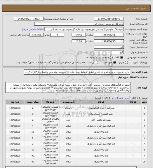 استعلام خرید تجهیزات موتورخانه و آسانسور (طبق شرایط پیوست) مدارک پیوست باید مهر و امضا و بارگذاری گردد.