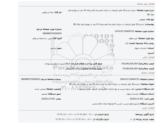 مزایده، ششدانگ هتل اپارتمان در خیابان امام رضا امام رضای 10 بعد از چهارراه اول پلاک 38