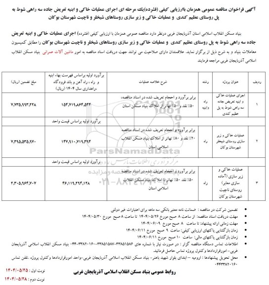 آگهی فراخوان مناقصه اجرای عملیات خاکی و ابنیه تعریض جاده سه راهی شوط 