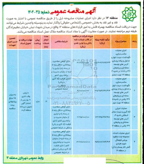 مناقصه عملیات اجرایی مناسب سازی، نگهداشت، مرمت انهار و جداول و پیاده روسازی ...