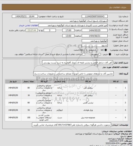 استعلام آهن آلات شامل قوطی و نبشی لقمه ای و ورق گالوانیزه به شرح لیست پیوستی