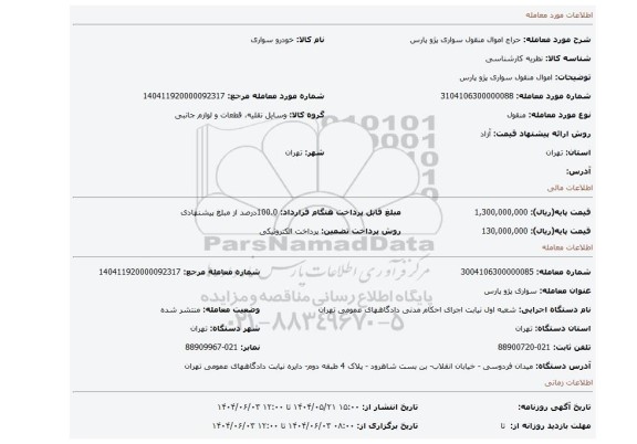 مزایده، اموال منقول سواری پژو پارس