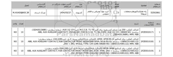 استعلام رله هاوکنتاکتورهاو متعلقات مربوطه