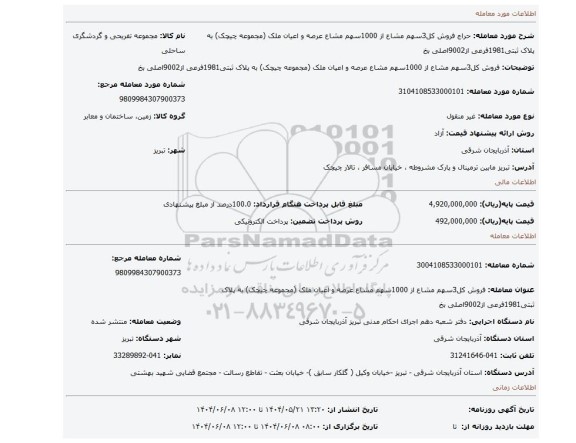 مزایده، فروش کل3سهم مشاع از 1000سهم مشاع عرصه و اعیان ملک (مجموعه چیچک) به پلاک ثبتی1981فرعی از9002اصلی بخ