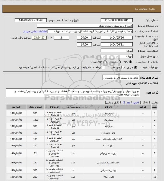 استعلام لوازم مورد سیم، کابل و روشنایی