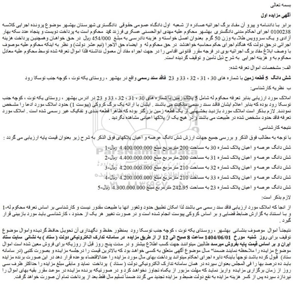 مزایده شش دانگ 5 قطعه زمین با شماره های 30 ، 31 ، 32 ، 33 و 23 فاقد سند رسمی