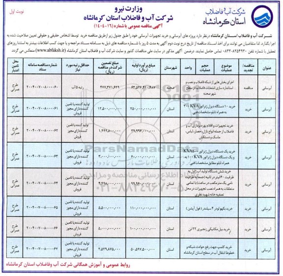 مناقصه پروژه های آبرسانی و خرید تجهیزات آبرسانی 