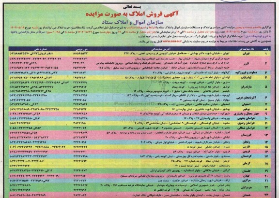 مزایده یکصد و بیست و نهمین مزایده کتبی سراسری املاک و مستغلات ...