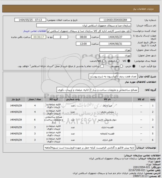 استعلام تعداد هفت ردیف دکوراسیون به شرح پیوست