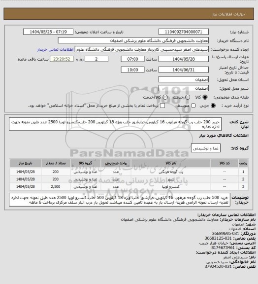 استعلام خرید 200 حلب رب گوجه مرغوب 16 کیلویی،خیارشور حلب ویژه 18 کیلویی 200 حلب،کنسرو لوبیا 2500 عدد طبق نمونه جهت اداره تغذیه