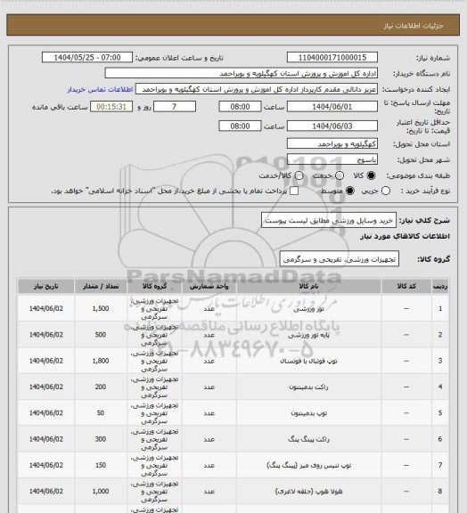 استعلام خرید وسایل ورزشی مطابق لیست پیوست