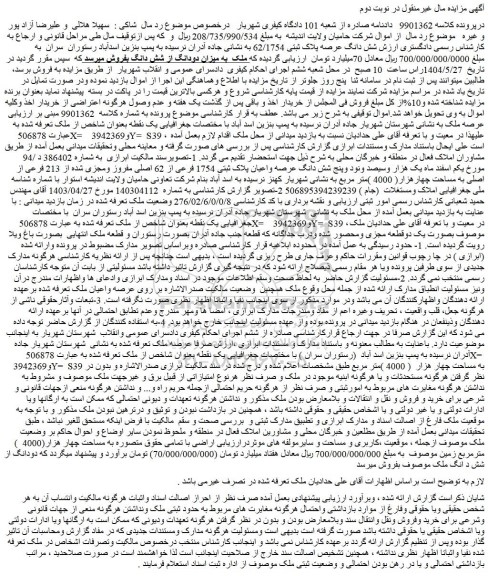 مزایده شش دانگ عرصه پلاک ثبتی 62/1754