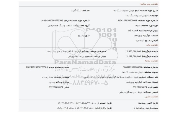 مزایده، فروش مقداری سنگ نما