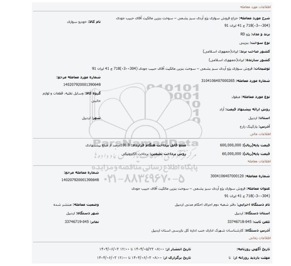 مزایده، فروش سواری پژو آردی سبز یشمی – سوخت بنزین مالکیت  آقای حبیب جودی  (۰3۰۰304)718 ج 41 ایران 91