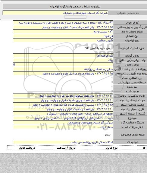 مناقصه, خرید ۳۰۰۰ شیر قبل از رگولاتور ۳/۴ اینچ و ۳۰۰۰ شیر برنجی ۱ اینچ