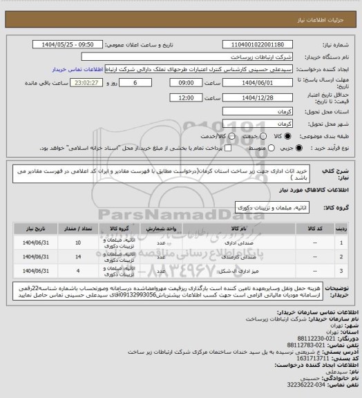 استعلام خرید اثاث اداری جهت زیر ساخت استان کرمان(درخواست مطابق با فهرست مقادیر و ایران کد اعلامی در فهرست مقادیر می باشد )
