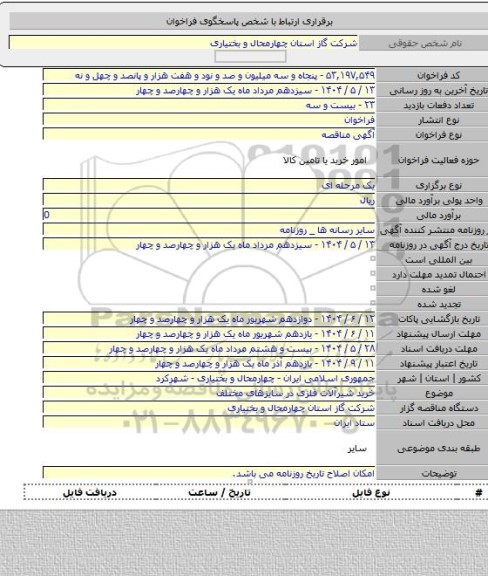 مناقصه, خرید شیرآلات فلزی در سایزهای مختلف
