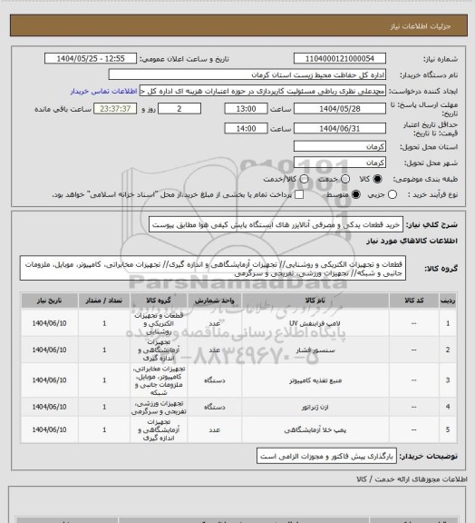استعلام خرید قطعات یدکی و مصرفی آنالایزر های ایستگاه پایش کیفی هوا مطابق پیوست