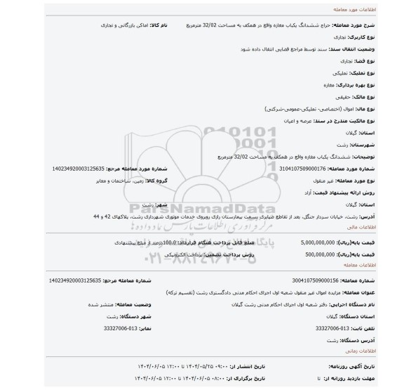 مزایده، ششدانگ یکباب مغازه واقع در همکف به مساحت 32/02 مترمربع
