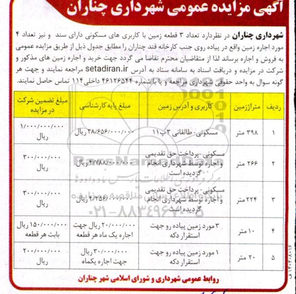 مزایده فروش و اجاره 3 قطعه زمین با کاربری مسکونی و 4 مورد زمین واقع در پیاده روی حنب کارخانه قند