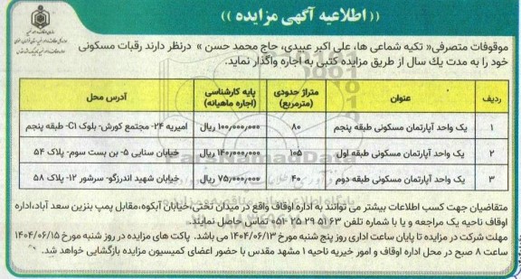 مزایده اجاره موقوفات متصرفی 