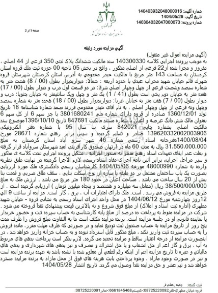 مزایده ششدانگ پلاک ثبتی 350 فرعی از 44 اصلی