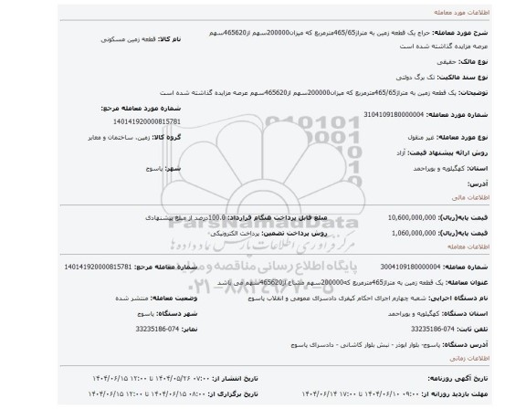 مزایده، یک قطعه زمین به متراژ465/65مترمربع که میزان200000سهم از465620سهم عرصه مزایده گذاشته شده است