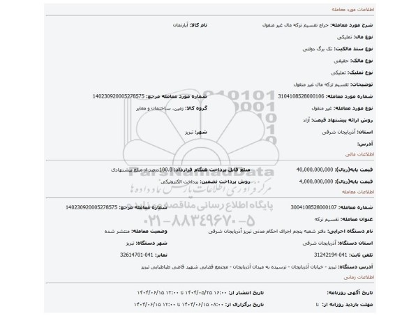 مزایده، تقسیم ترکه مال غیر منقول