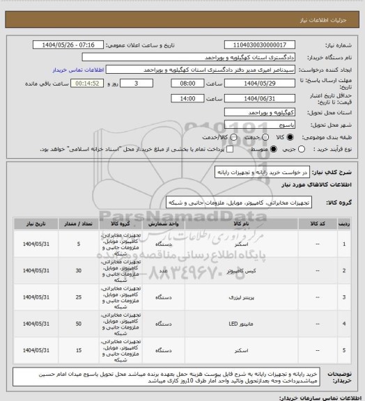 استعلام در خواست خرید رایانه و تجهیزات رایانه