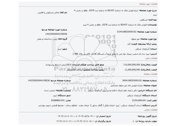 مزایده، فروش ملک به شماره 92/437 به شماره ثبت 6379 ، واقع در بخش 4 تبریز